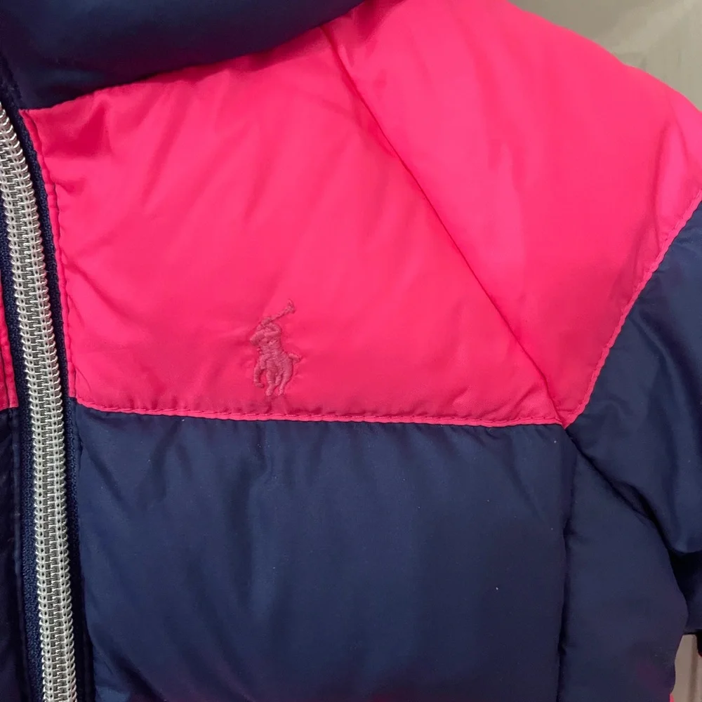 Ralph Lauren baby girls' rugby quilted down jacket in pink and navy blue. Sz 9M. - Picture 2 of 8